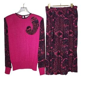 Vintage 80s Pink Magenta Paisley  Two Piece Skirt Set Anthony Sicari Size 12